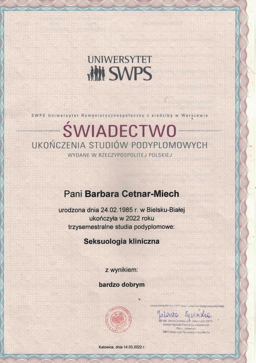 Zaświadczenie seksuologa klinicznego – Barbara Cetnar-Miech